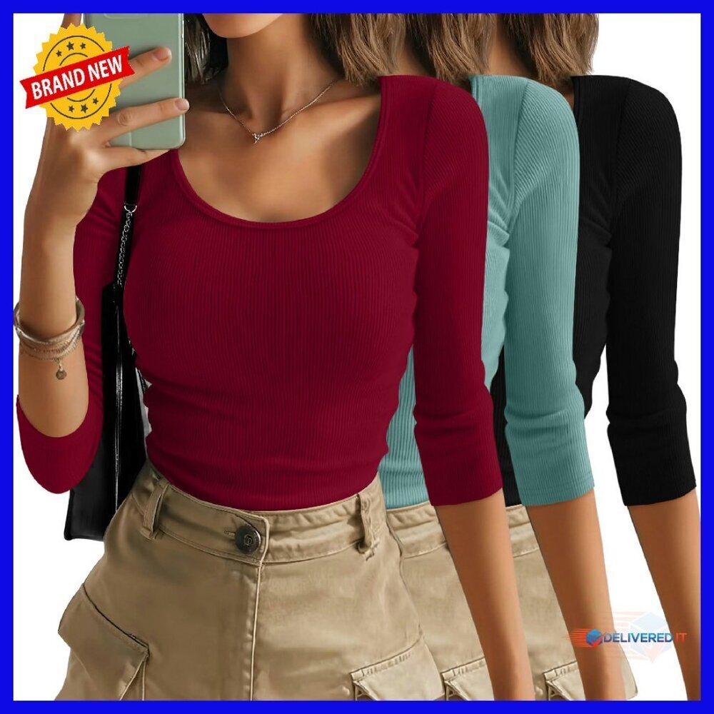 Women's 3/4 Sleeve Ribbed Scoop Neck Slim Fit Tee 3-Pack